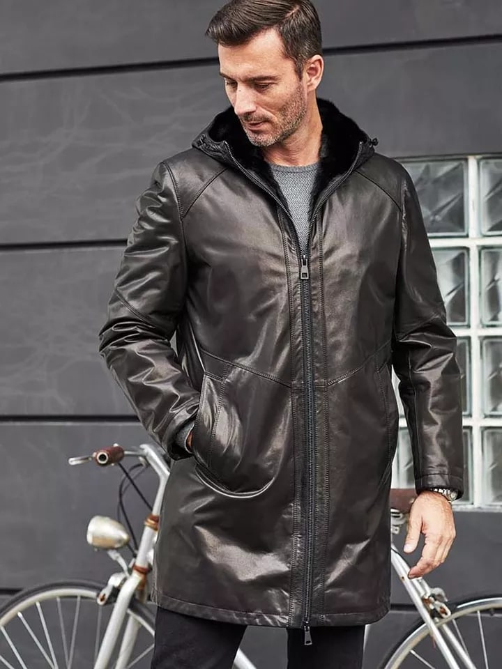 Men's Black Fur Sheepskin Leather Coat with Hood