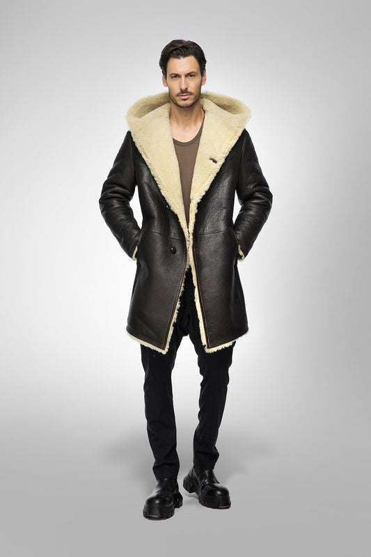 Men's Black Hooded Sheepskin Shearling Leather Coat