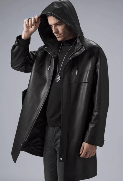 Men's Black Mid-Length Leather Coat with Hood