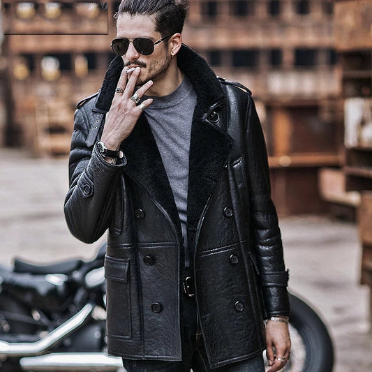 Men's Black Shearling Fur Leather Coat