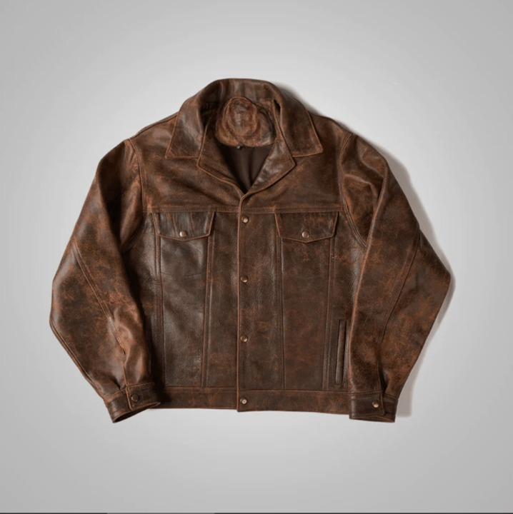 Men's Dark Brown Distressed Trucker Leather Jacket