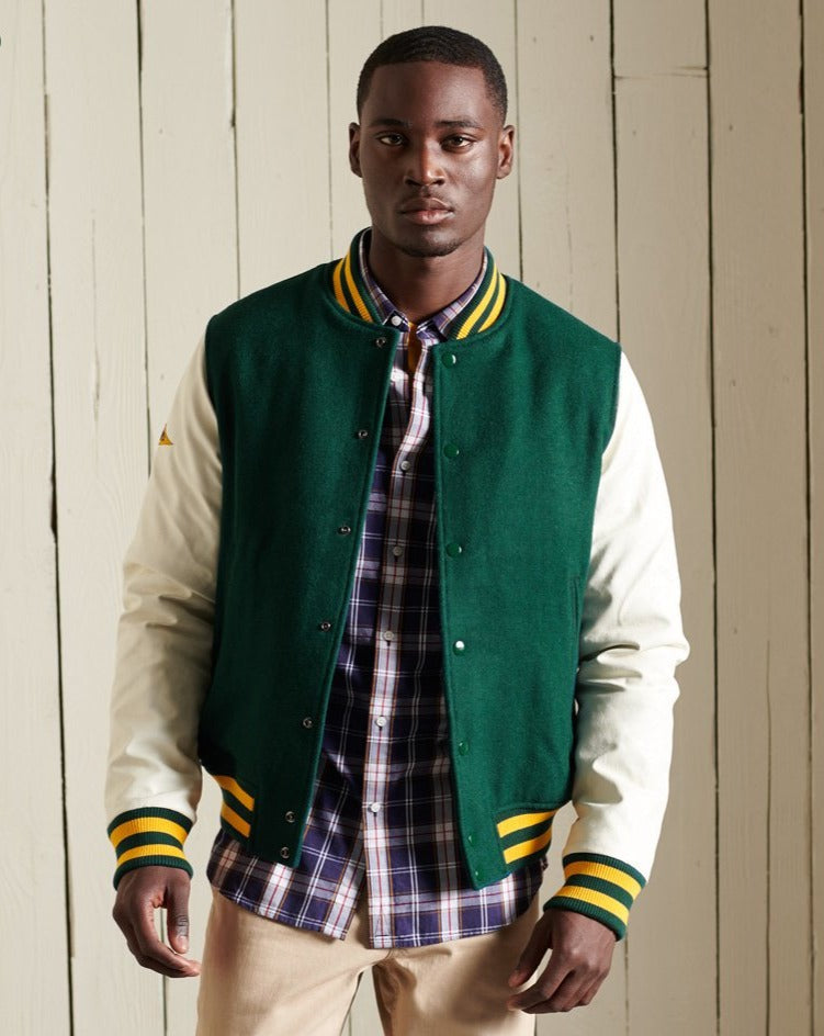 Men's Varsity Letterman Leather Jacket in Green & White Sleeves