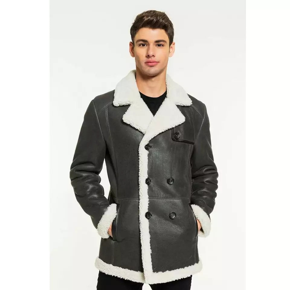 Men's White Fur Sheepskin Leather Coat in Black