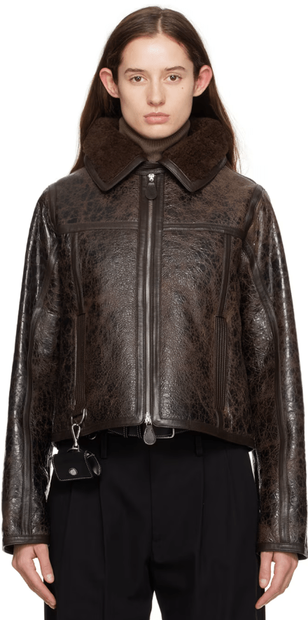 Women's Dark Brown Distressed Shearling Leather Jacket - Vintage and Stylish