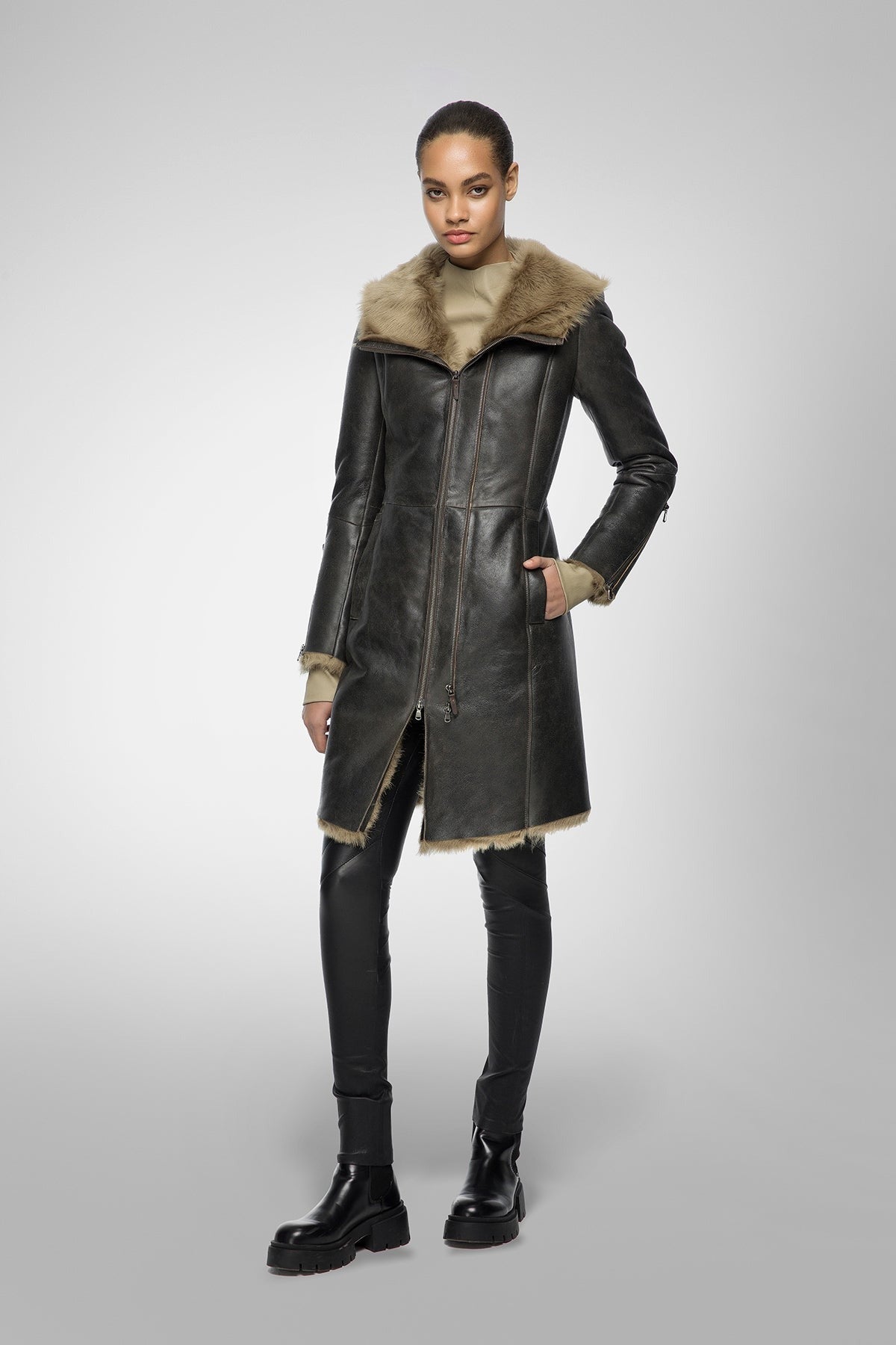 Women's Black Shearling Parka Leather Coat