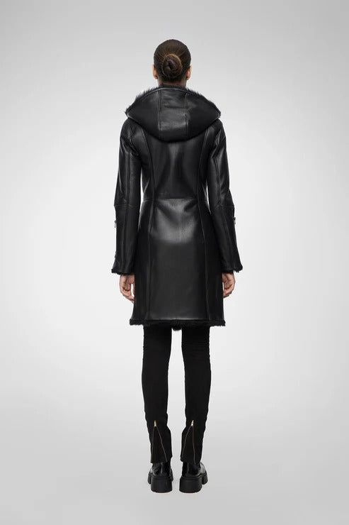 Women's Black Sheepskin Fur Leather Coat