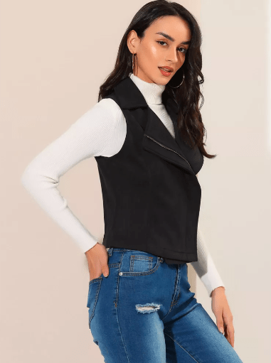 Women's Black Suede Leather Biker Vest