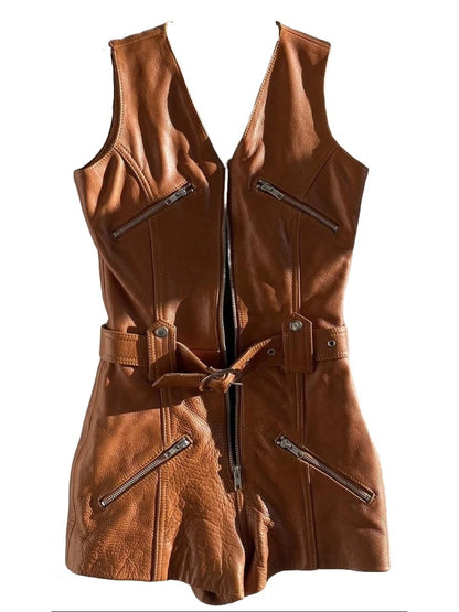 Avanzar Leather Brown Leather Short Romper