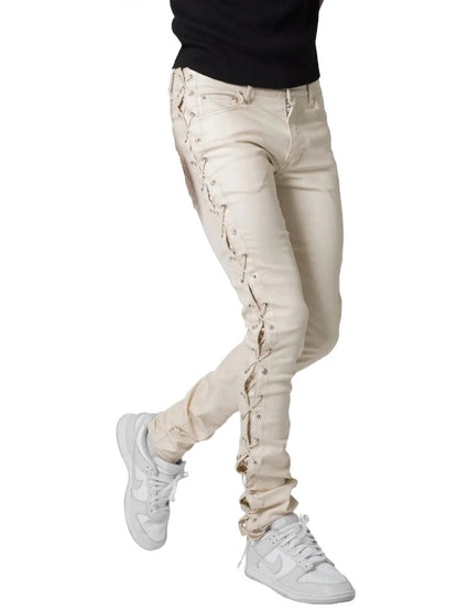 Side Lace Up Cream Leather Pants for Men by Avanzar Leather