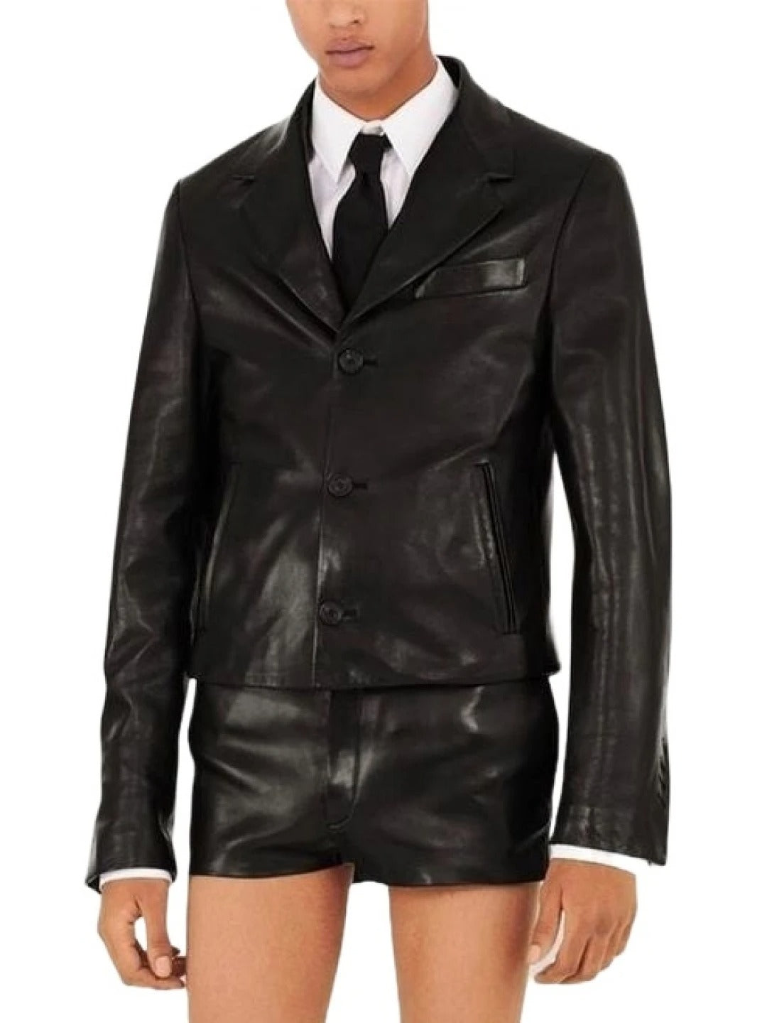 Men's Side Welt Pockets Black Leather Blazer Sleek & Modern Outerwear