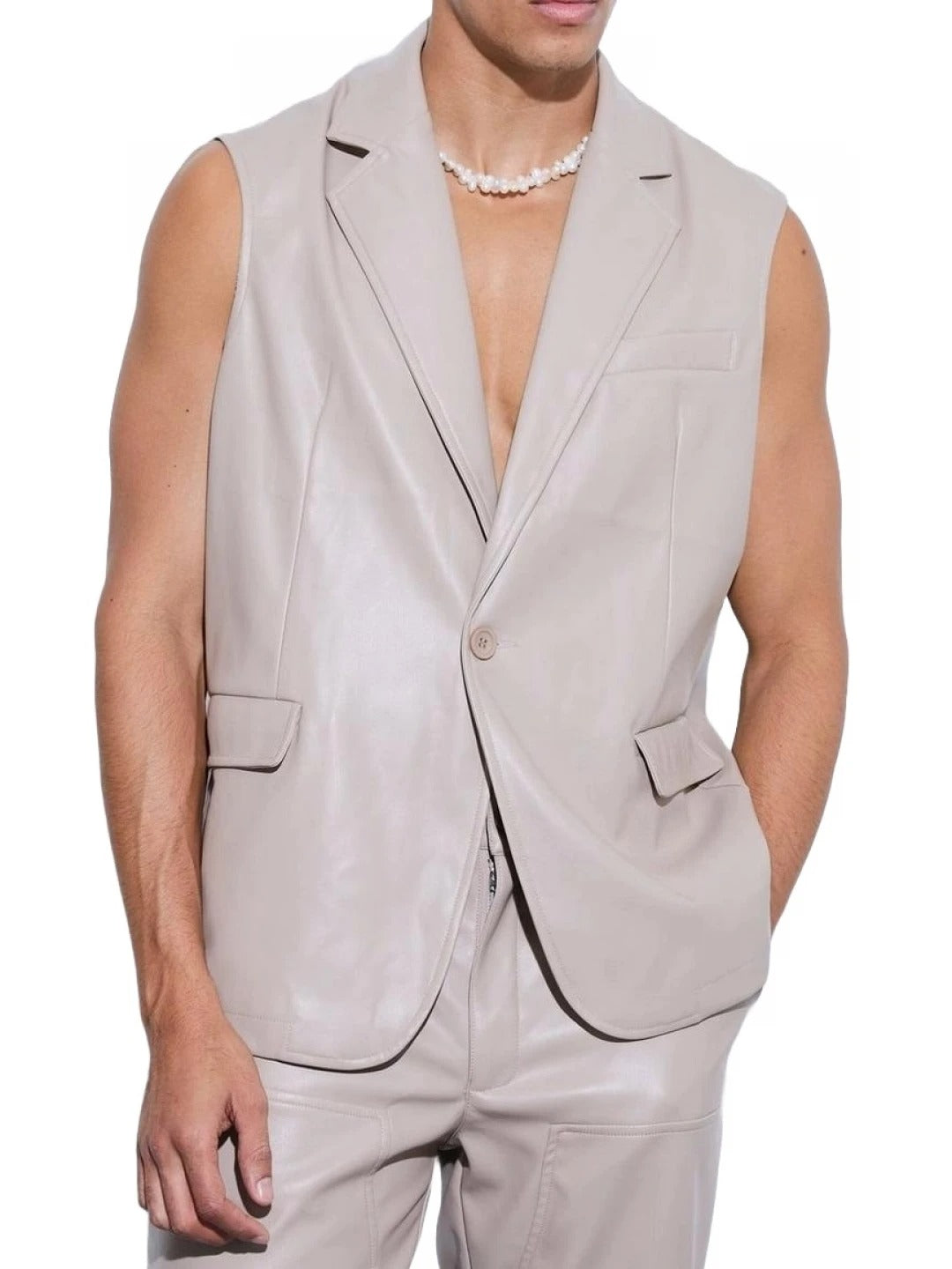 Elegant Sleeveless Beige Leather Blazer Avanzar Leather