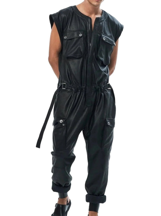 Avanzar Leather Men's Sleeveless Black Leather Jumpsuit