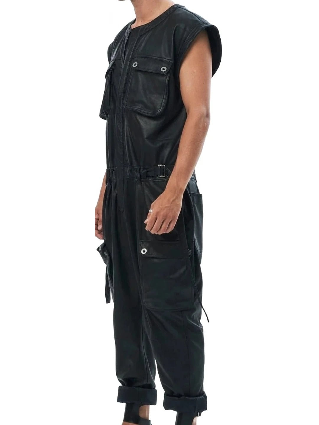 Avanzar Leather Men's Sleeveless Black Leather Jumpsuit