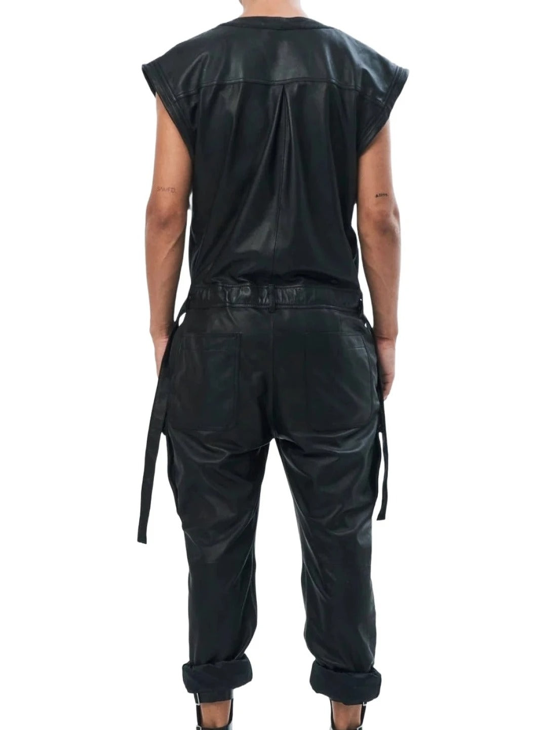 Avanzar Leather Men's Sleeveless Black Leather Jumpsuit