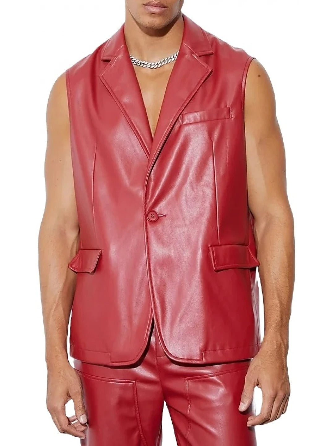 Classic Sleeveless Red Leather Blazer  Avanzar Leather