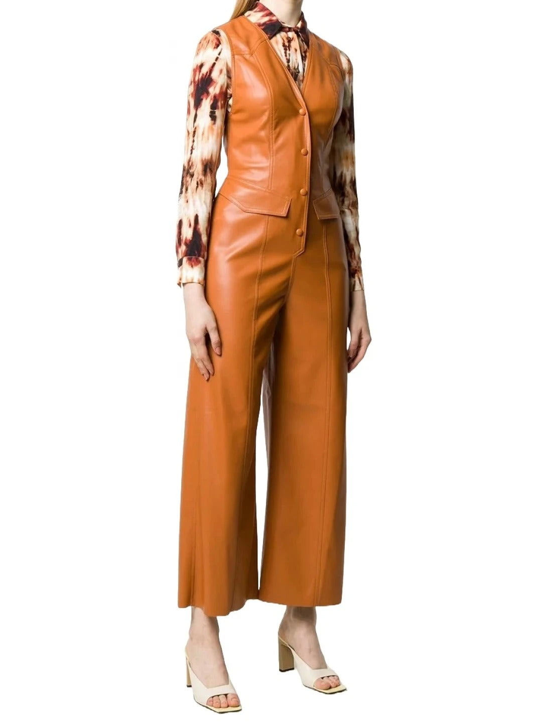 Avanzar Leather Sleeveless Tan Leather Jumpsuit