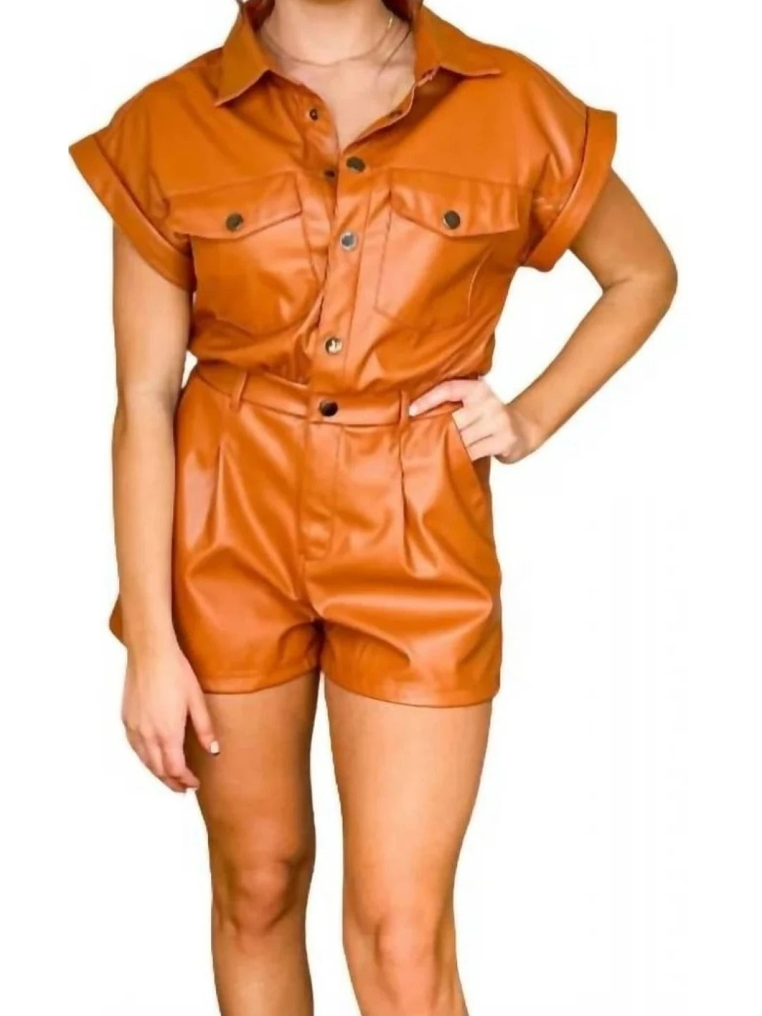 Avanzar Leather Snap Closure Brown Leather Short Romper