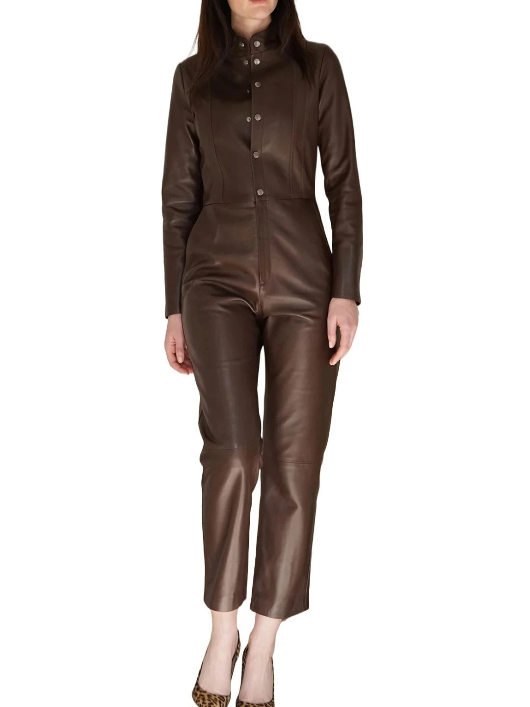 Avanzar Leather Snap Fastenings Brown Leather Jumpsuit