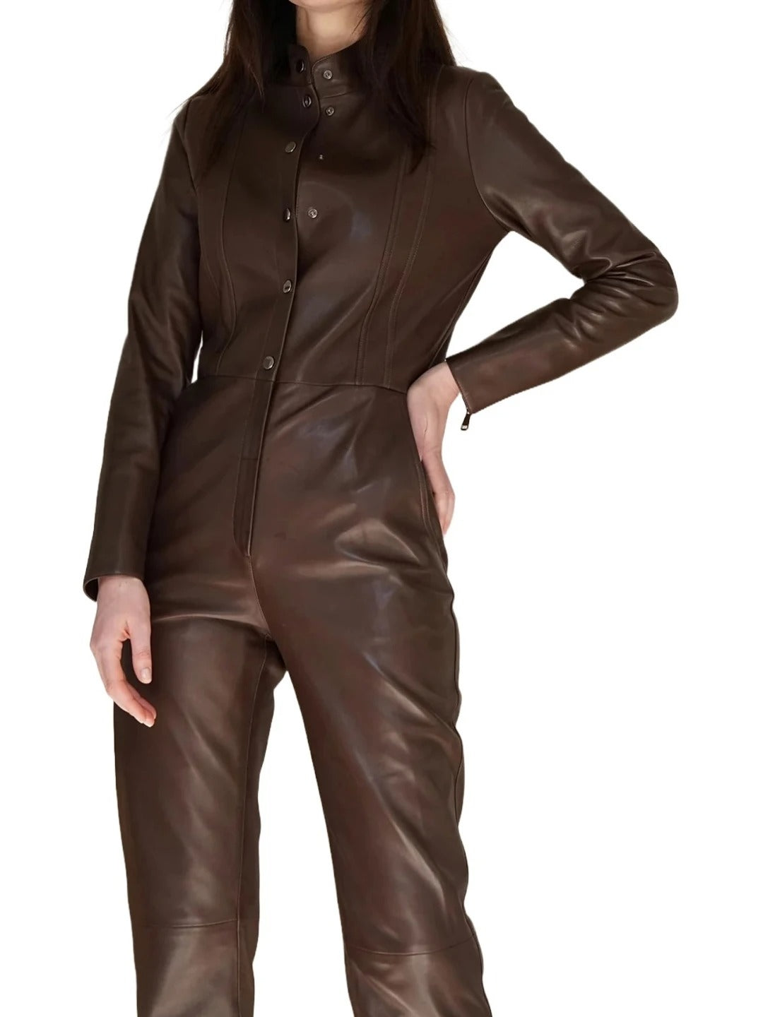 Avanzar Leather Snap Fastenings Brown Leather Jumpsuit