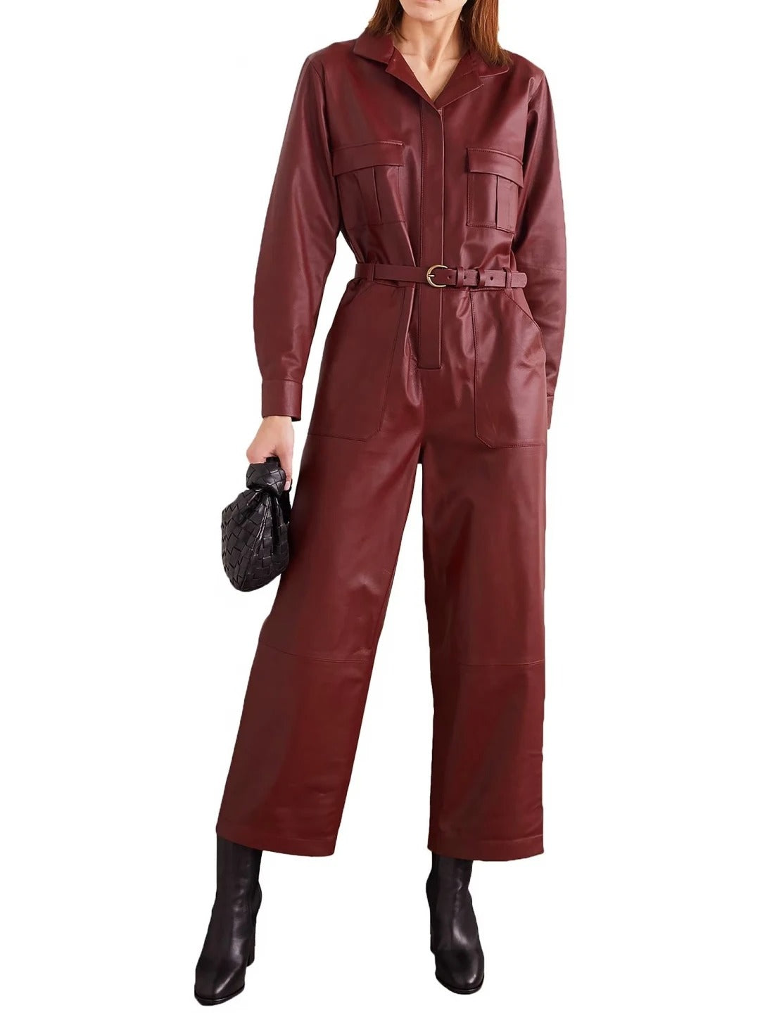 Avanzar Leather Snap Fastenings Burgundy Leather Jumpsuit