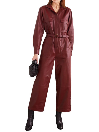 Avanzar Leather Snap Fastenings Burgundy Leather Jumpsuit