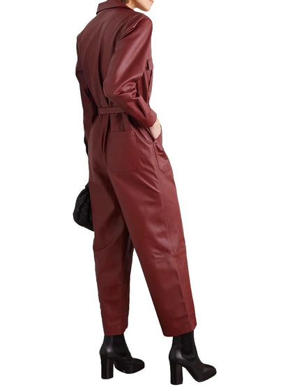 Avanzar Leather Snap Fastenings Burgundy Leather Jumpsuit