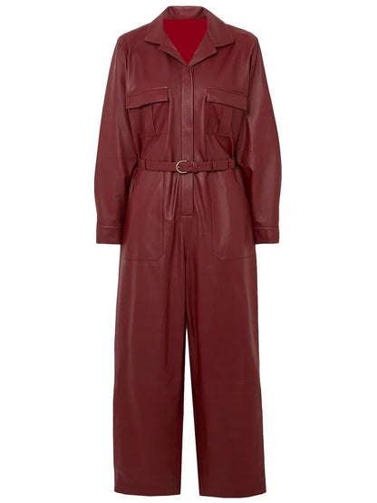 Avanzar Leather Snap Fastenings Burgundy Leather Jumpsuit