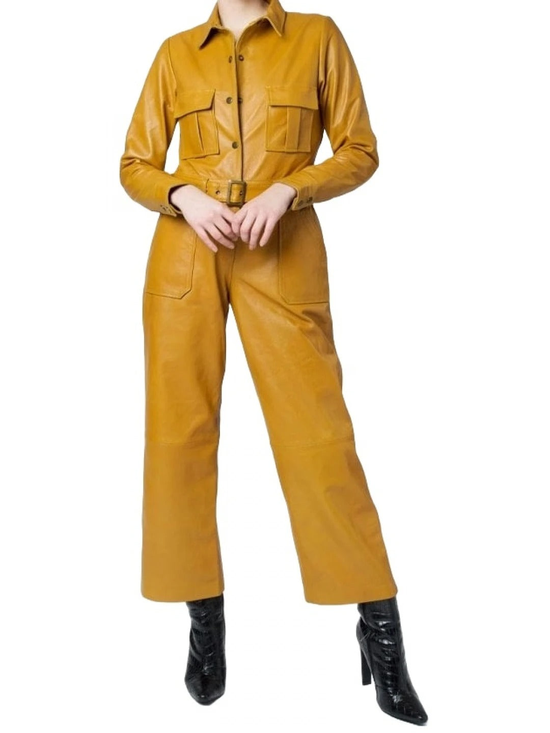 Avanzar Leather Snap Fastenings Yellow Leather Jumpsuit