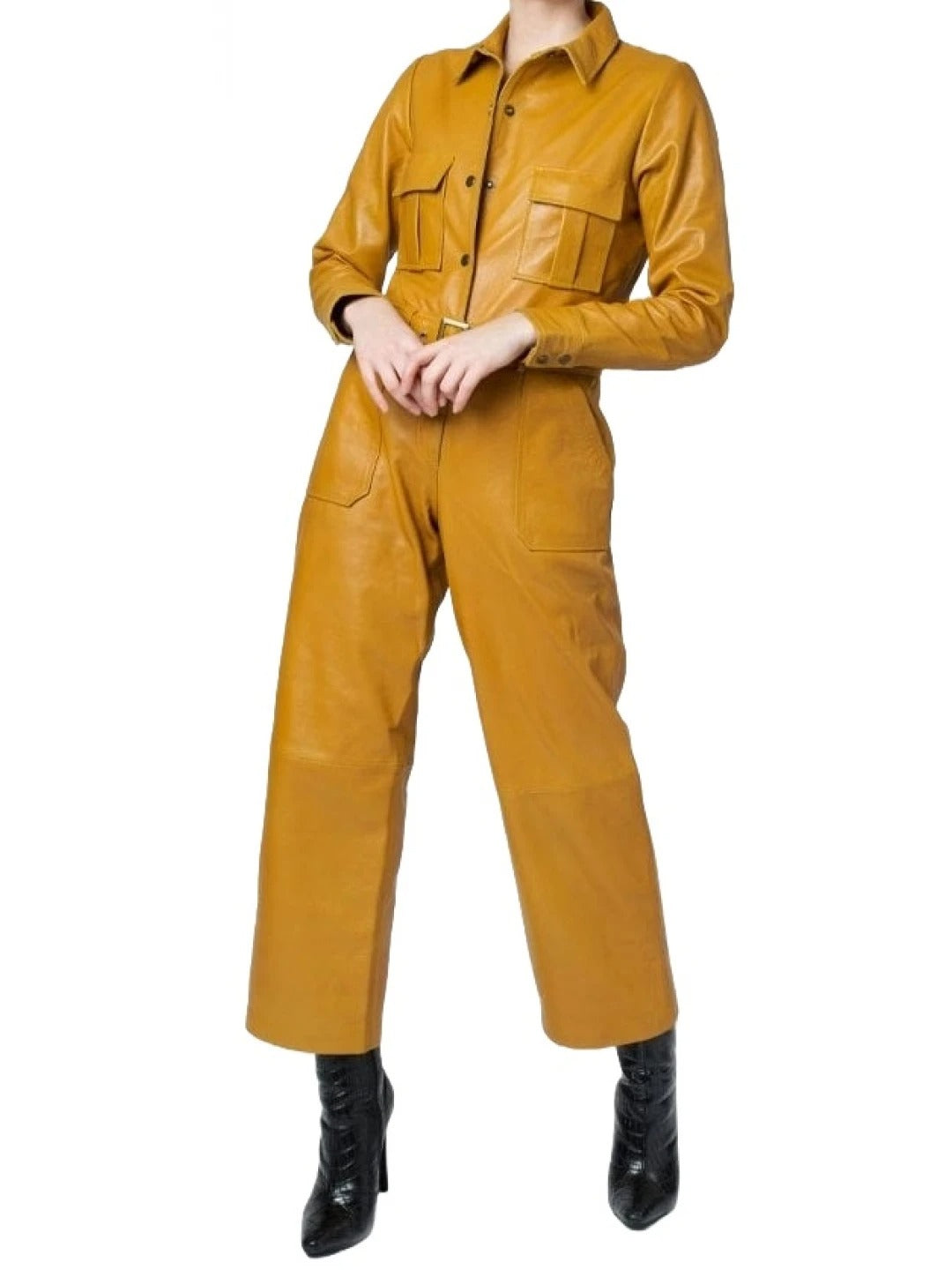 Avanzar Leather Snap Fastenings Yellow Leather Jumpsuit