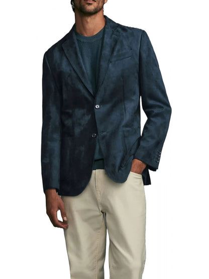 Men’s Navy Blue Suede Leather Blazer with Stitched Trims – Classic and Refined Style