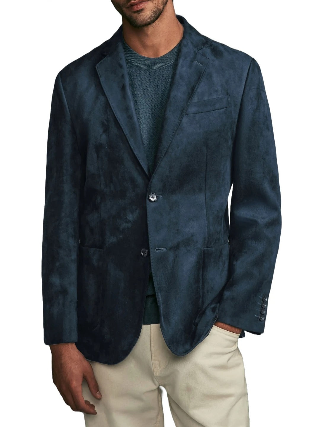 Men’s Navy Blue Suede Leather Blazer with Stitched Trims – Classic and Refined Style