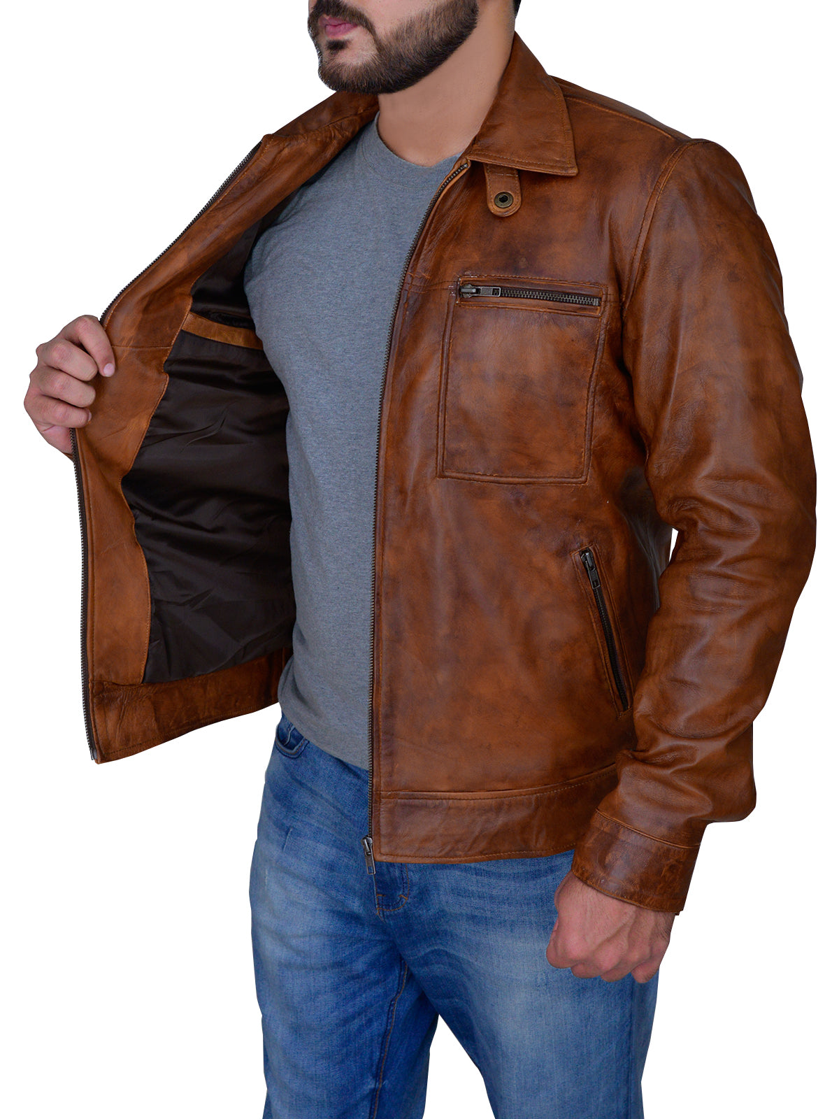 Premium Avanzar Men’s Distressed Brown Leather Jacket