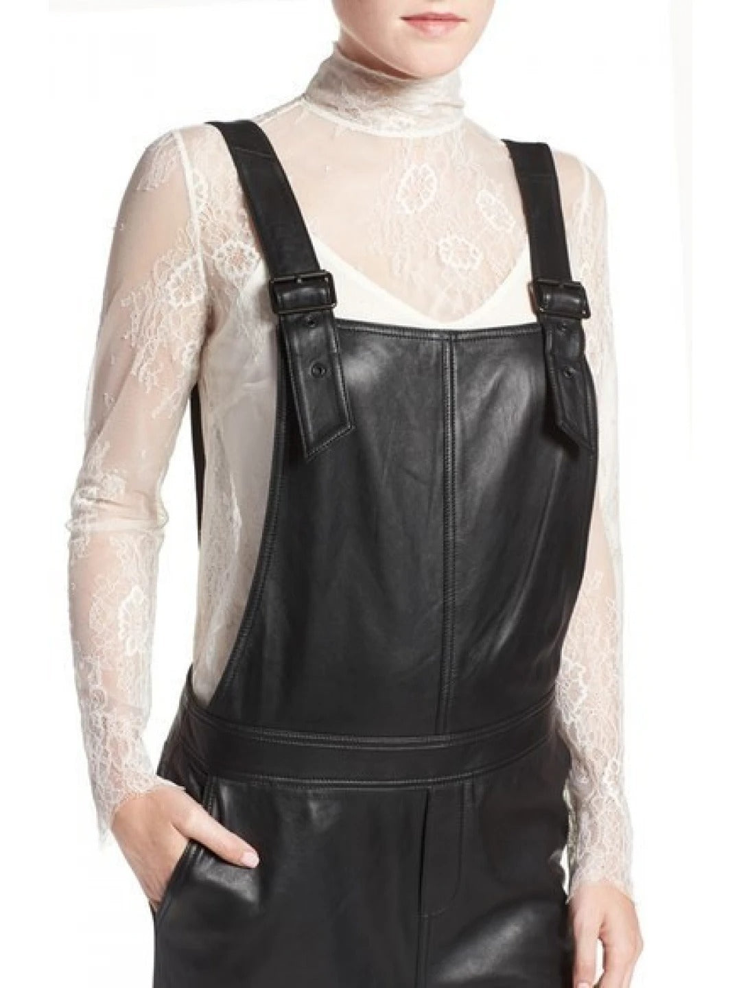 Avanzar Leather Super Simple Black Leather Overalls Full Body Ladies Romper