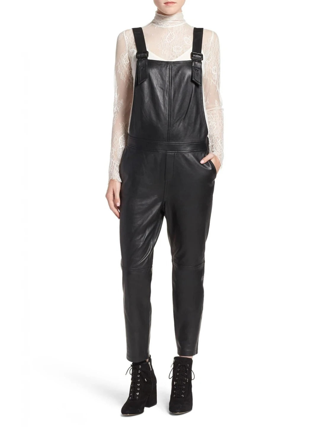 Avanzar Leather Super Simple Black Leather Overalls Full Body Ladies Romper