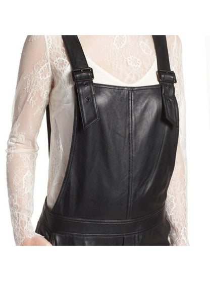 Avanzar Leather Super Simple Black Leather Overalls Full Body Ladies Romper