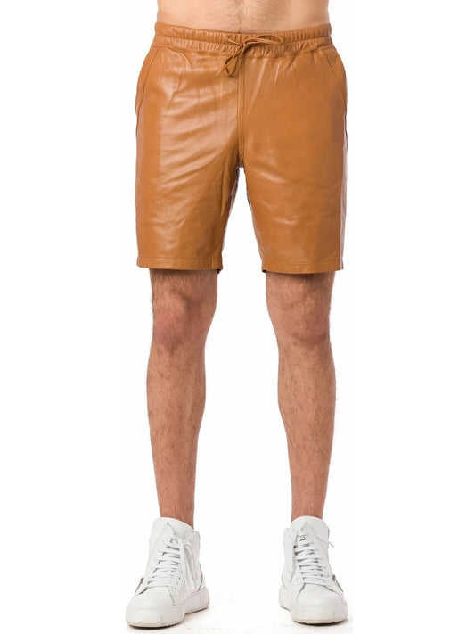 Men’s Tan Leather Shorts with Elastic Waistband – Stylish and Comfortable