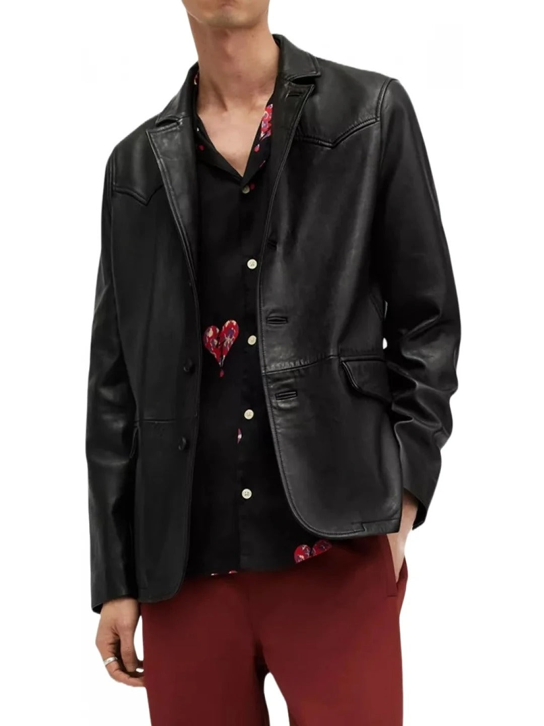 Men's Three Button Black Leather Blazer Classic & Timeless Outerwear