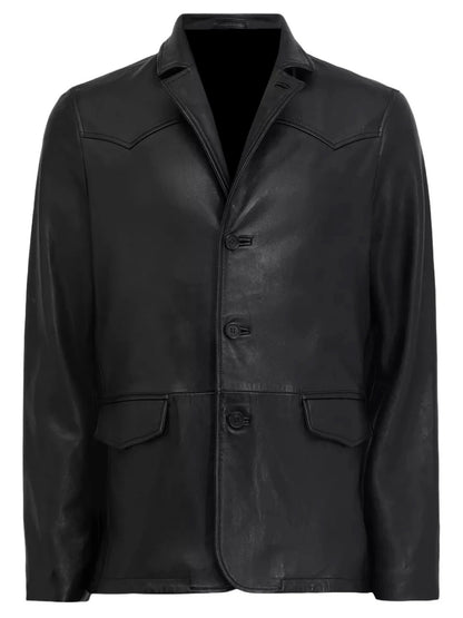 Men's Three Button Black Leather Blazer Classic & Timeless Outerwear