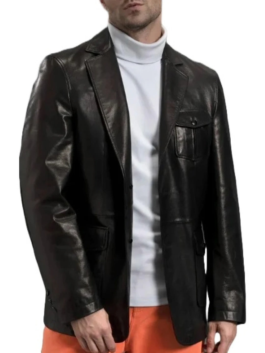 Men's Three Flap Pockets Black Leather Blazer Sleek & Stylish Outerwear