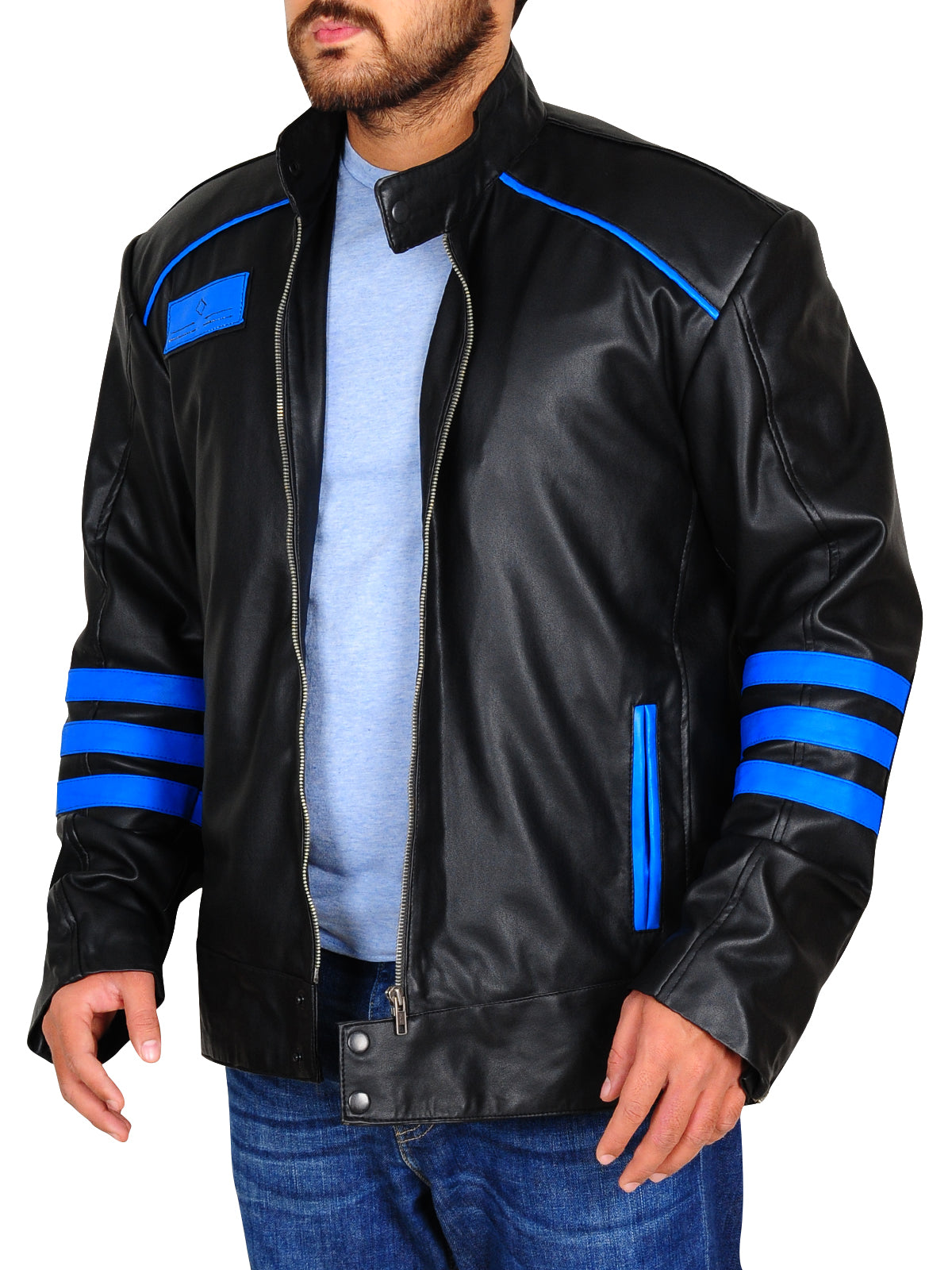 Black & Blue Biker Leather Jacket