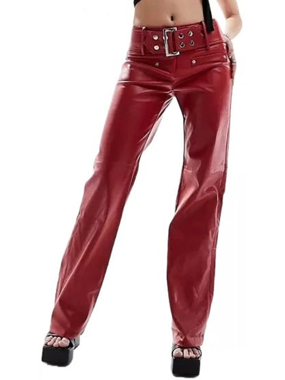 Red Leather Trousers with Silver Belt Detail – Bold & Stylish Statement Pants