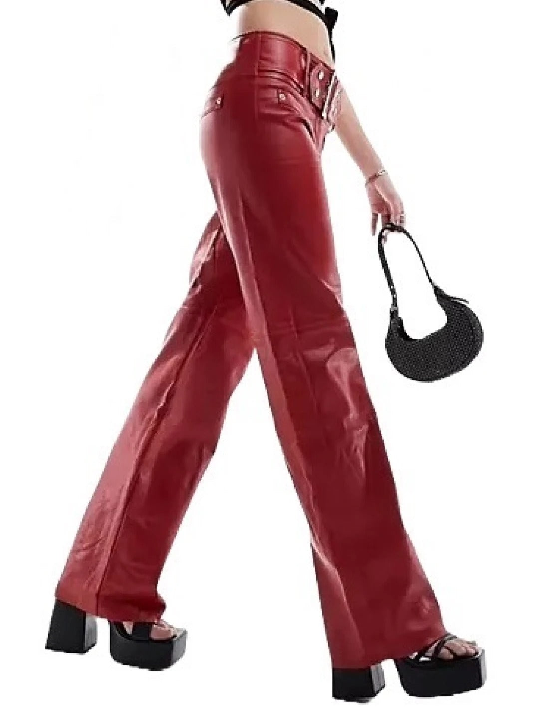 Red Leather Trousers with Silver Belt Detail – Bold & Stylish Statement Pants