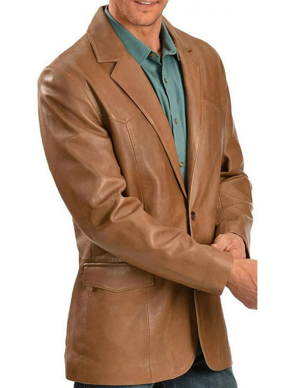 Men's Two-Button Camel Leather Blazer Elegant & Versatile Outerwear