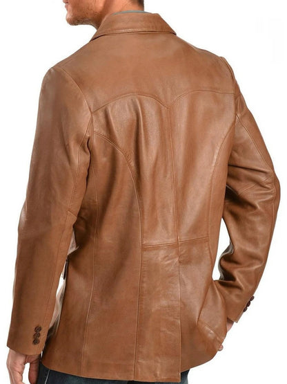 Men's Two-Button Camel Leather Blazer Elegant & Versatile Outerwear