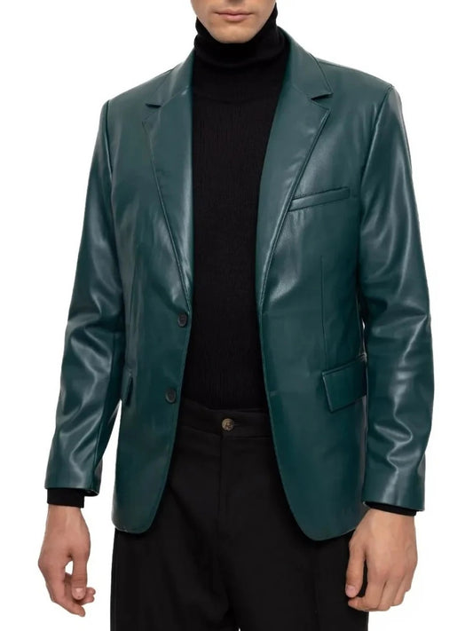 Men's Two-Button Green Leather Blazer Classic & Stylish Outerwear