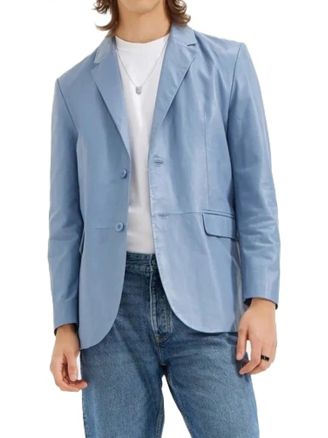 Men's Two-Button Light Blue Leather Blazer Elegant & Modern Outerwear