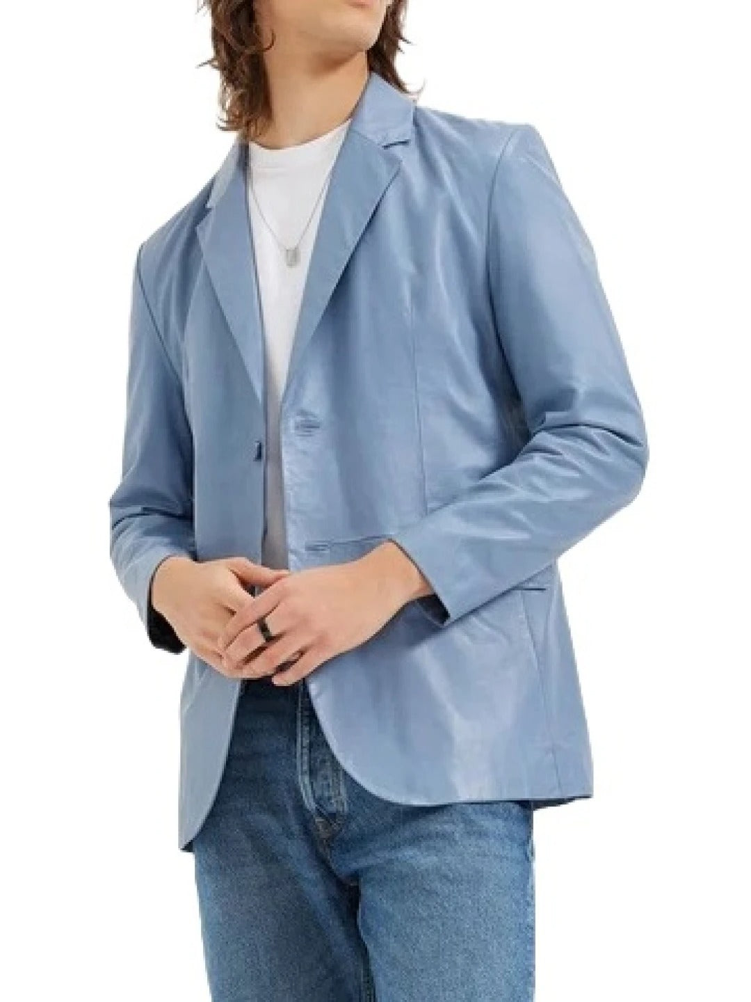 Men's Two-Button Light Blue Leather Blazer Elegant & Modern Outerwear