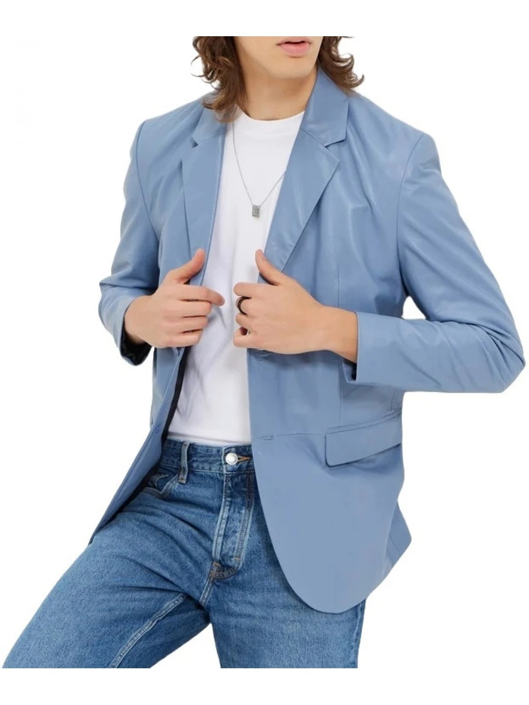 Men's Two-Button Light Blue Leather Blazer Elegant & Modern Outerwear