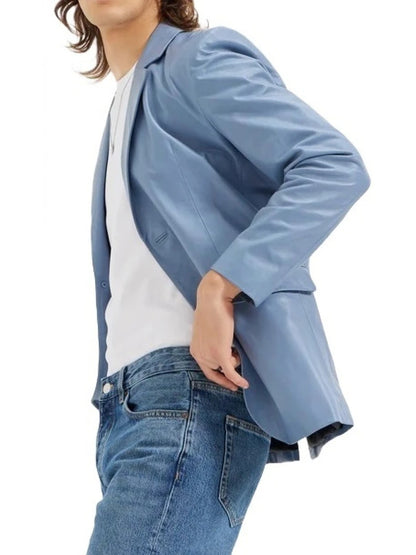 Men's Two-Button Light Blue Leather Blazer Elegant & Modern Outerwear