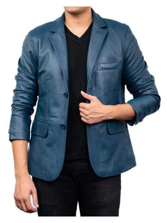 Men's Two-Button Navy Blue Leather Blazer Sophisticated & Timeless Outerwear